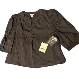 a.n.a Black Textured Grid Blouse - Puff Sleeves & Loop Buttons - Size S (NWT)